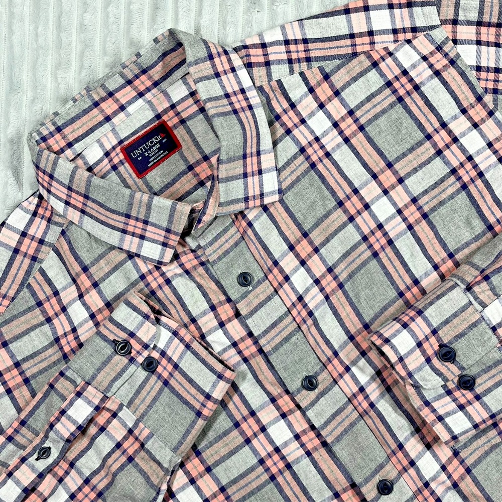 Untuckit Slim Fit Button Up Shirt Men's XL Pink Gray Blue Plaid Preppy Business‎